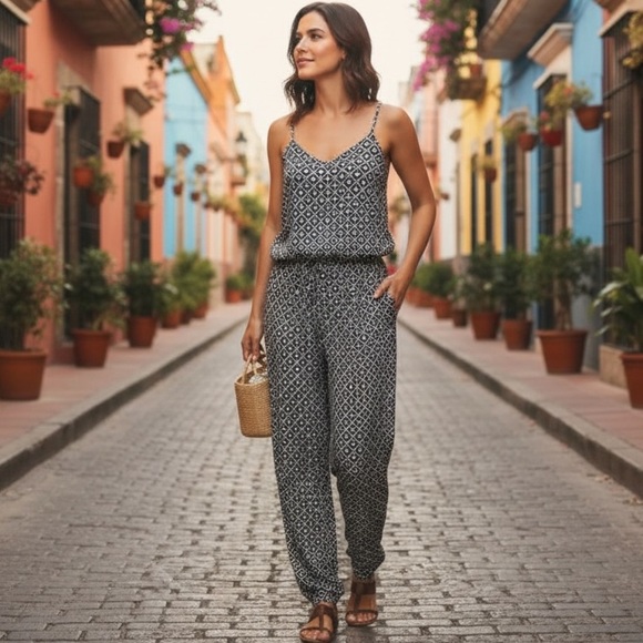 LOFT Pants - LOFT White and Blue Jumpsuit with Spaghetti Straps